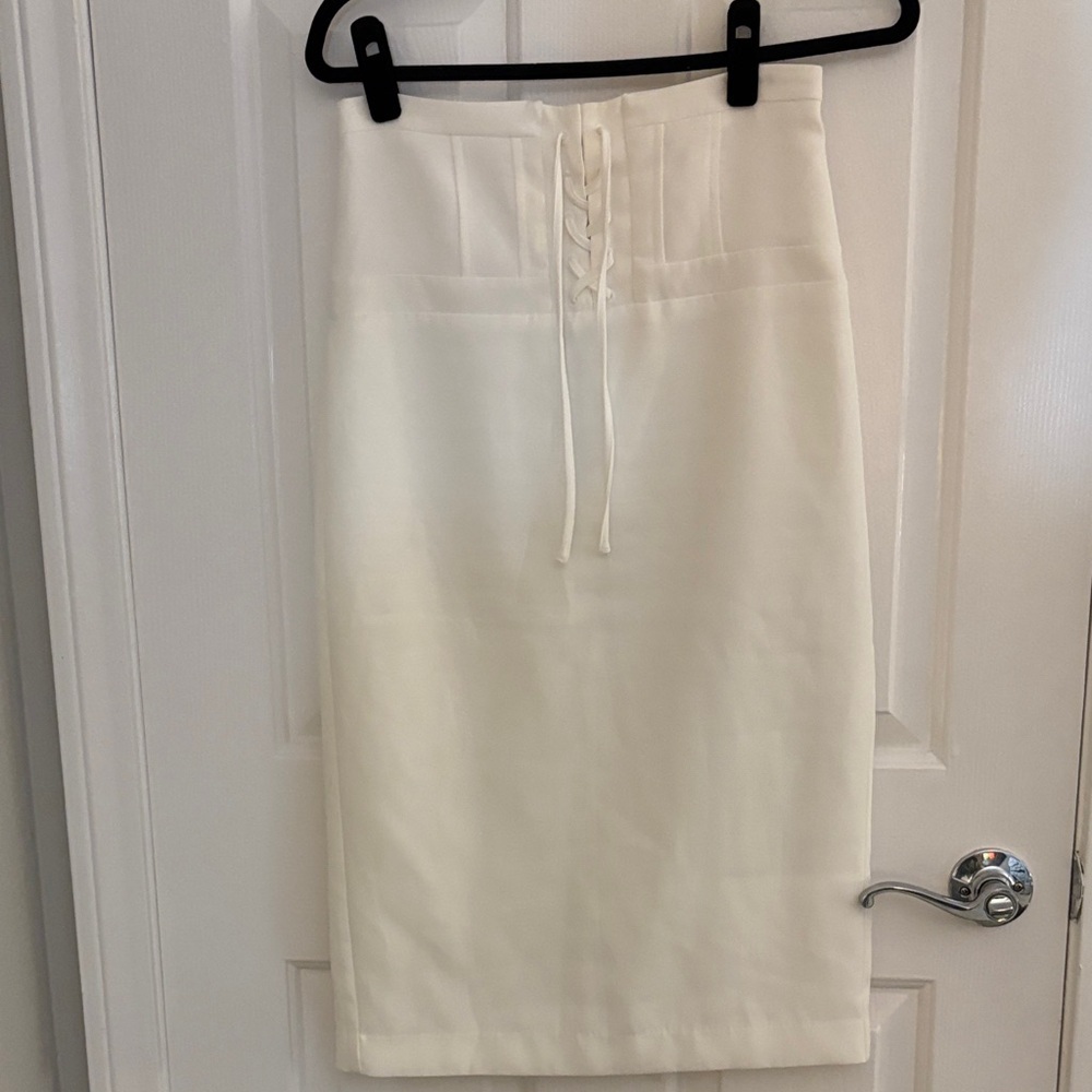 eva mendes for New York & Company Cream Lace-Up High-Rise Pencil Skirt